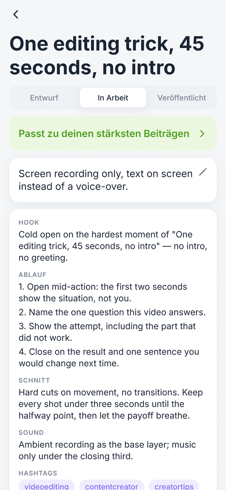 Ideen-Detail: Konzept mit Hook, Ablauf in vier Schritten, Schnitt, Sound und Hashtags